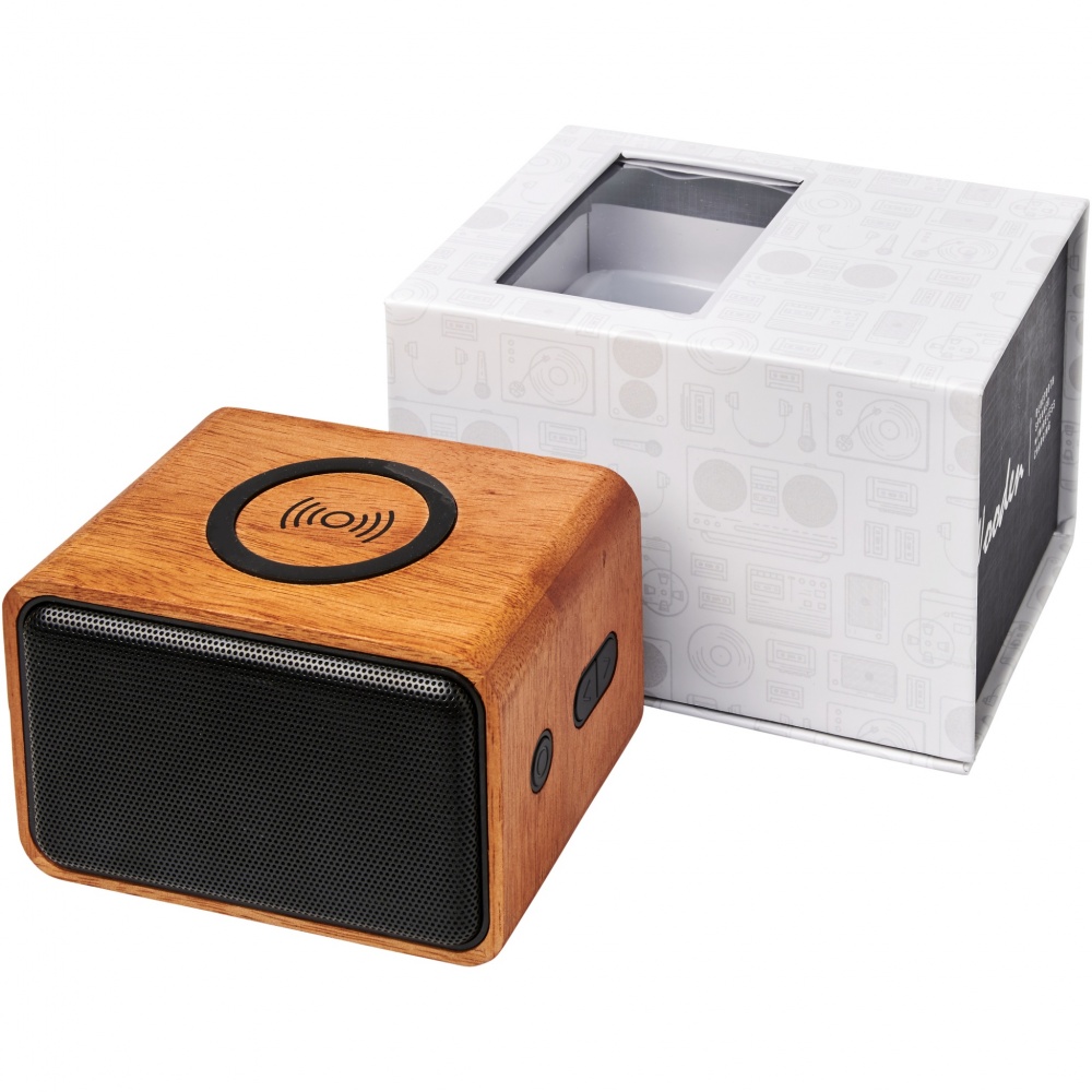 Logo trade advertising products image of: Wooden 3W speaker with wireless charging pad