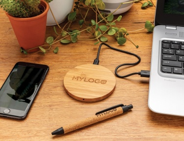 Logo trade business gift photo of: Bamboo 5W round wireless charger