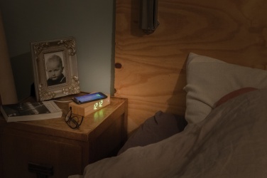 Logotrade business gift image of: Bamboo alarm clock with 5W wireless charger