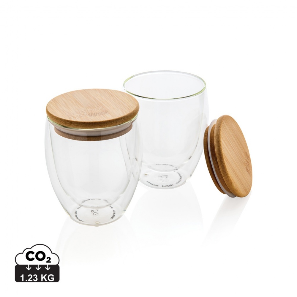 Logo trade promotional gifts image of: Double wall borosilicate glass with bamboo lid 250ml 2pc set