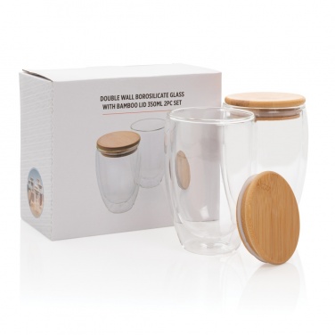 Logo trade promotional item photo of: Double wall borosilicate glass with bamboo lid 350ml 2pc set