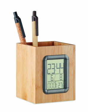 Logo trade promotional items image of: Bamboo pen holder and LCD clock