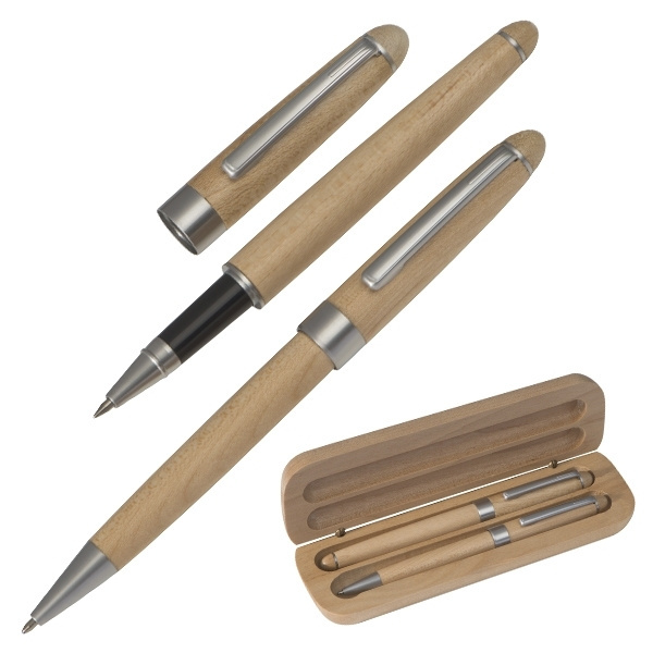 Logo trade corporate gifts image of: Wooden writing set ballpen and roller INDIANAPOLIS