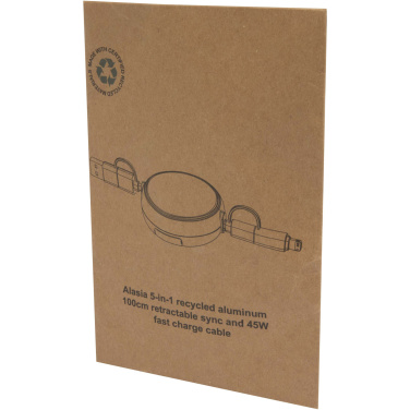 Logo trade promotional merchandise photo of: Alasia 5-in-1 100 cm recycled plastic and aluminium retractable data sync and 45W fast charge cable