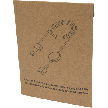 Logo trade promotional giveaway photo of: Chechia 5-in-1 recycled plastic 150 cm data sync and 27W fast charge cable with bamboo details