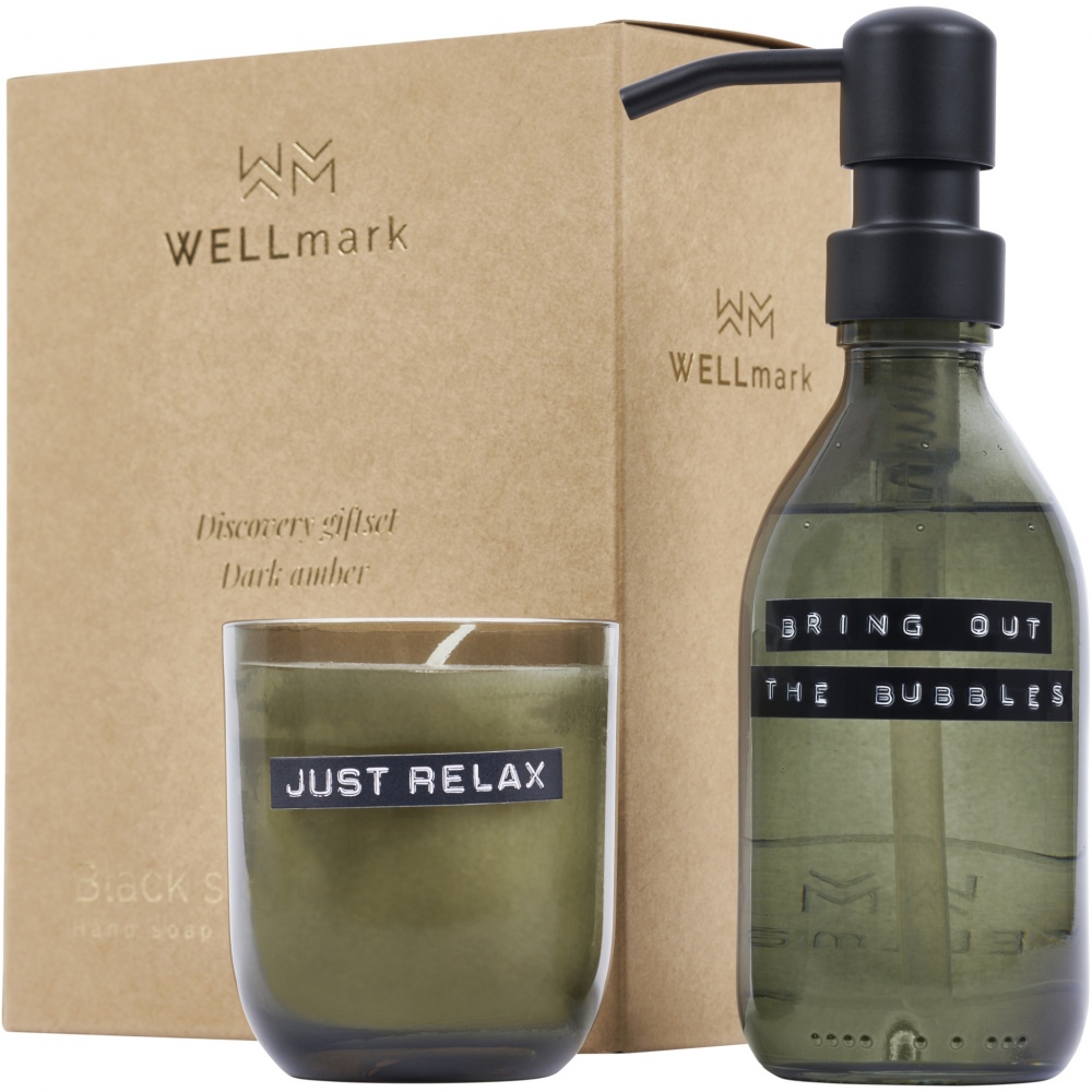 Logo trade ärikingituse pilt: Wellmark Discovery 200 ml käteseebi dosaator ja 150 g lõhnaküünla komplekt - tume merevaigu lõhn